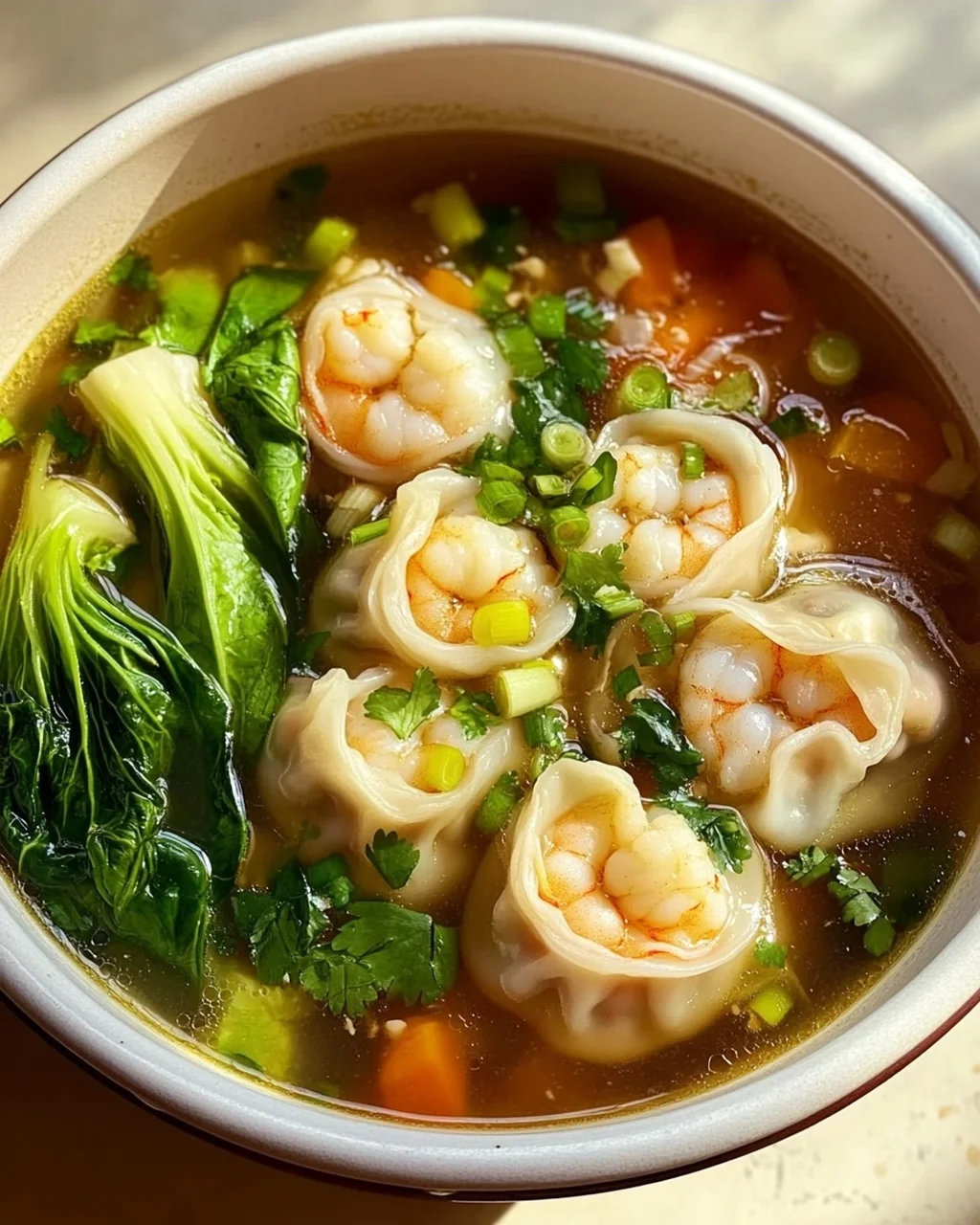 Aromatische Garnelen Dumpling Suppe mit frischem Pak Choi