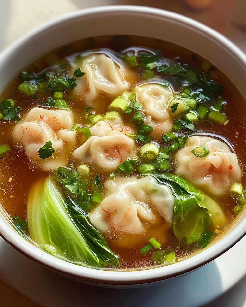 Aromatische Garnelen Dumpling Suppe mit frischem Pak Choi