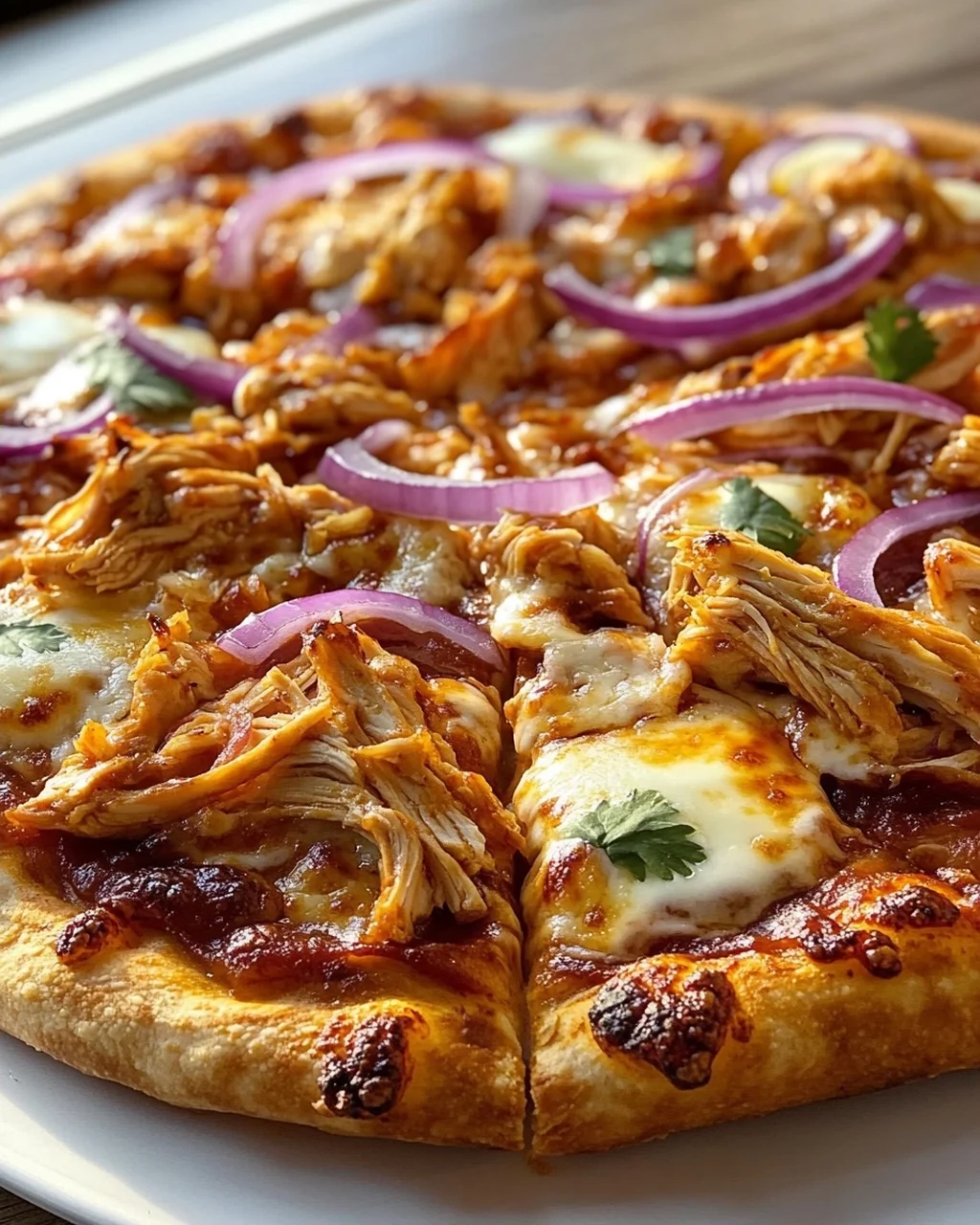 BBQ Hähnchen Pizza: Knusprig & würzig mit roten Zwiebeln