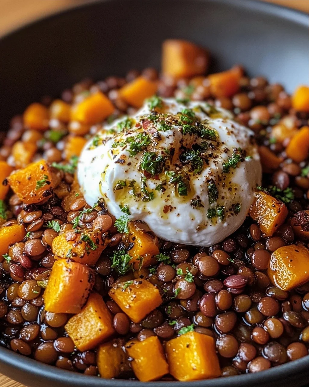 Balsamico Linsen mit geröstetem Hokkaido-Kürbis und Burrata