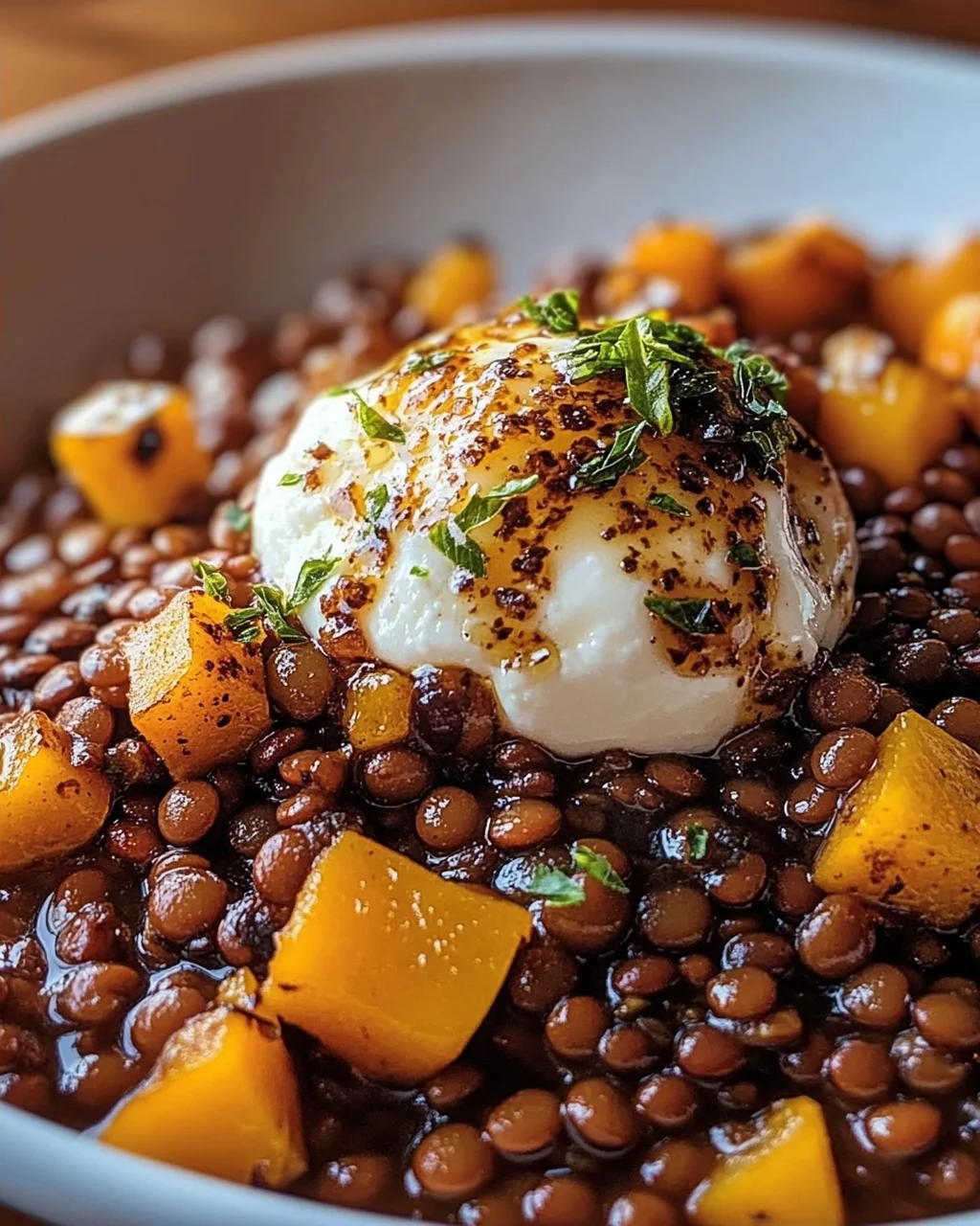 Balsamico Linsen mit geröstetem Hokkaido-Kürbis und Burrata