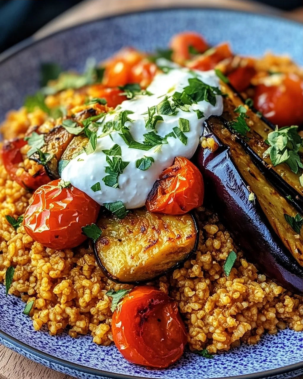 Bulgur mit Tomaten, Auberginen und Joghurt