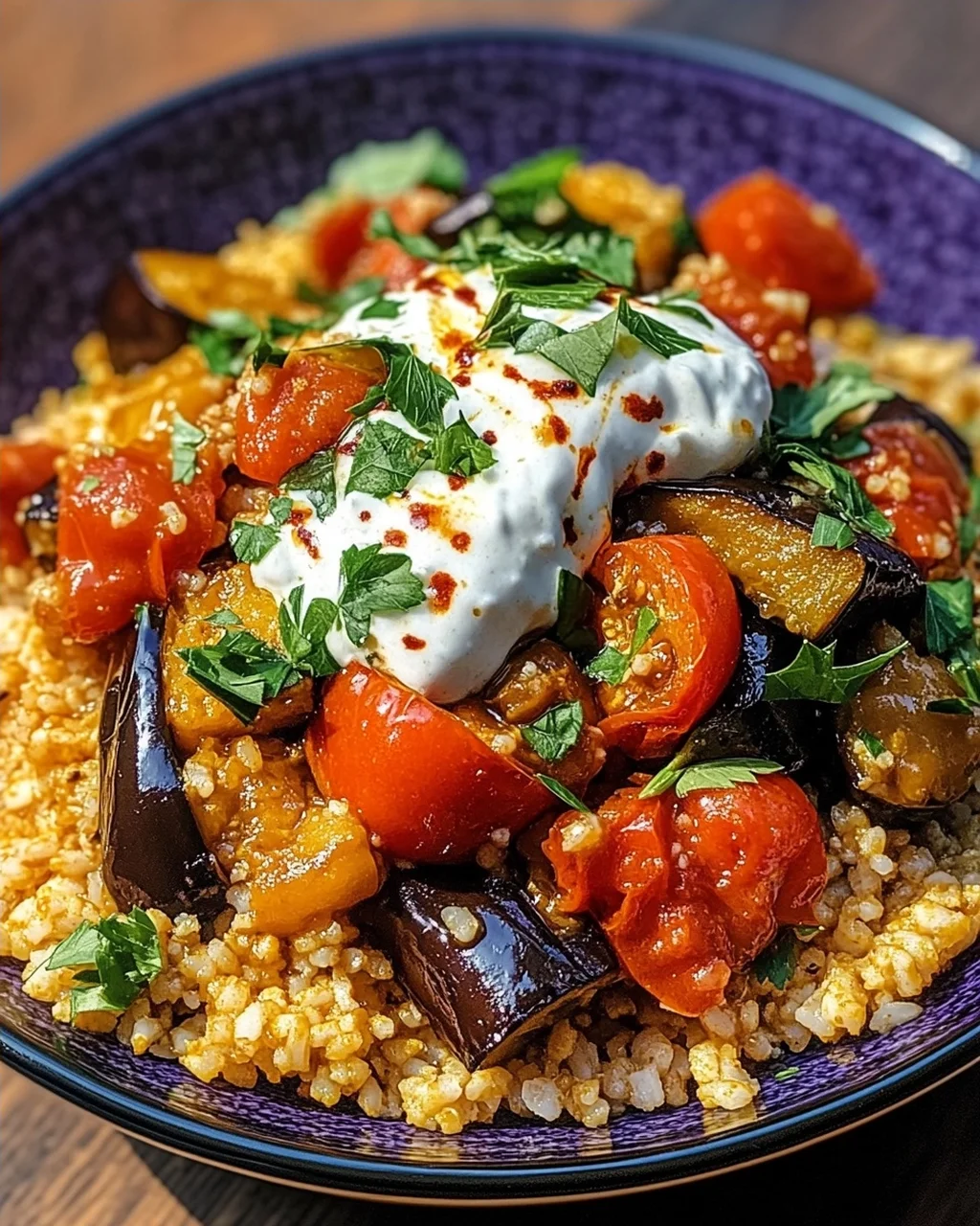 Bulgur mit Tomaten, Auberginen und Joghurt