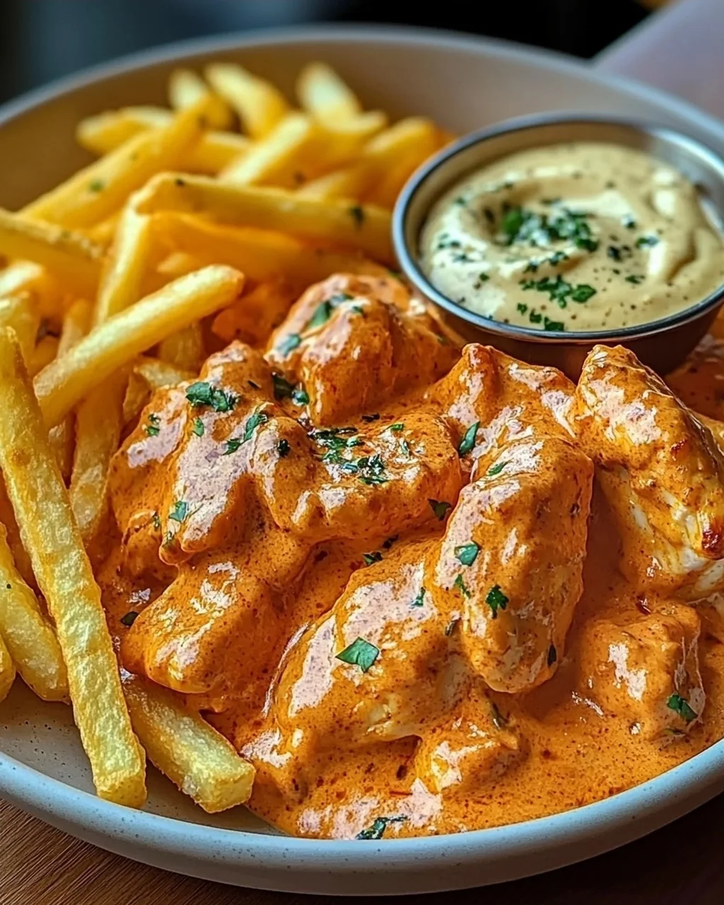 Butter Chicken mit Knoblauchsauce und Pommes – Lecker genießen!