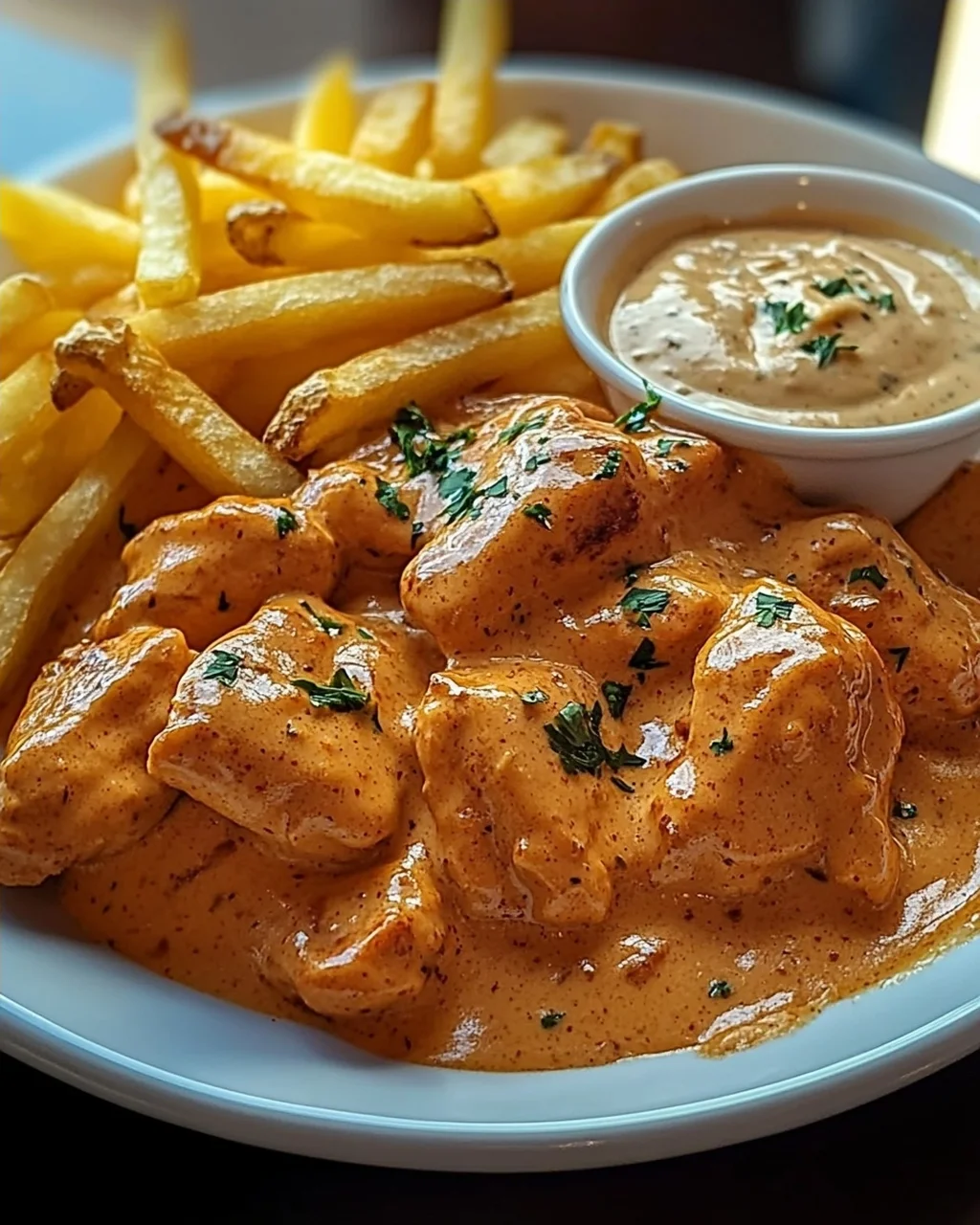 Butter Chicken mit Knoblauchsauce und Pommes – Lecker genießen!