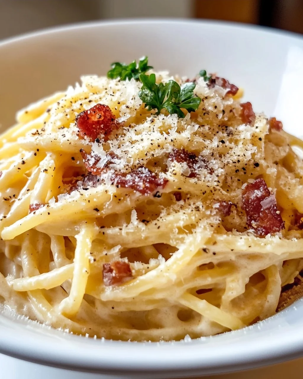Cremige Carbonara Pasta Bowl: Rind & Parmesan Pur