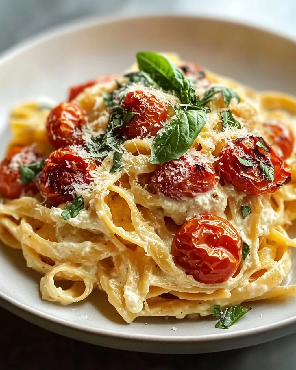 Cremige Ricotta Pasta mit gerösteten Tomaten & Knoblauch