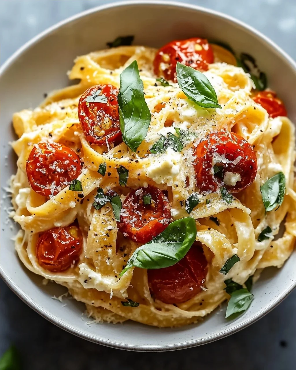 Cremige Ricotta Pasta mit gerösteten Tomaten & Knoblauch