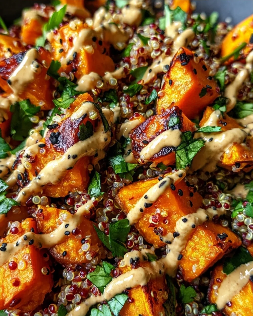 Gerösteter Süßkartoffel-Quinoa-Salat mit Sesam-Miso-Sauce