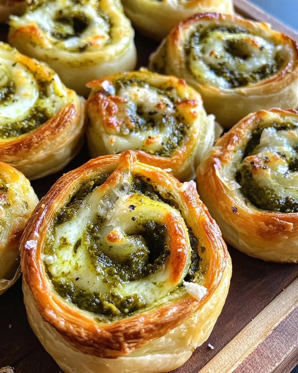 Knusprige Blätterteig-Pizzaschnecken mit Pesto und Mozzarella
