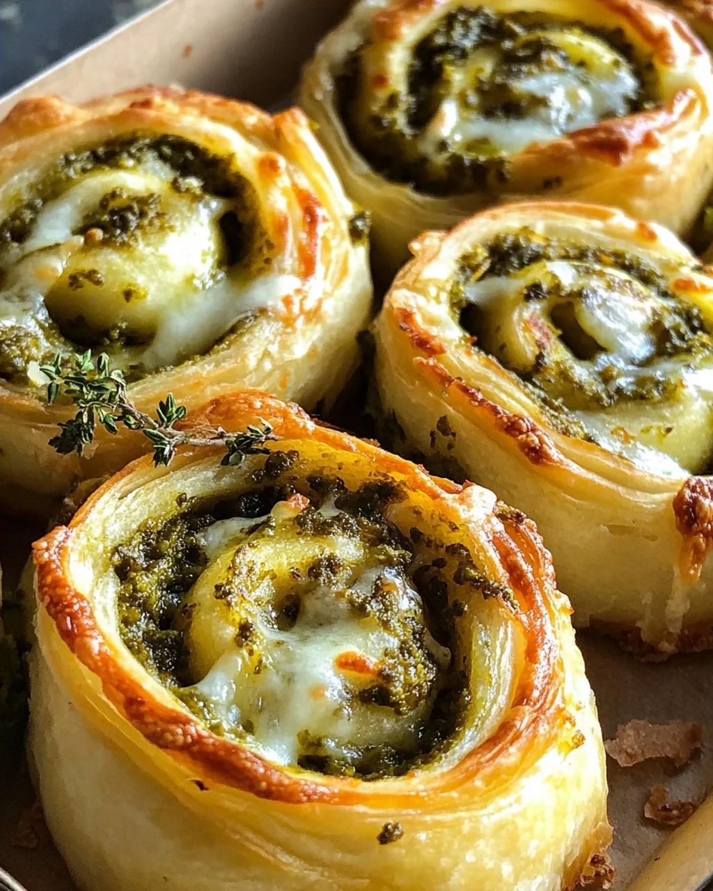 Knusprige Blätterteig-Pizzaschnecken mit Pesto und Mozzarella