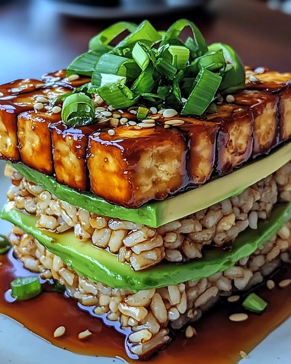 Krosse Teriyaki-Tofu- und Avocado-Reis-Stapel für Zuhause