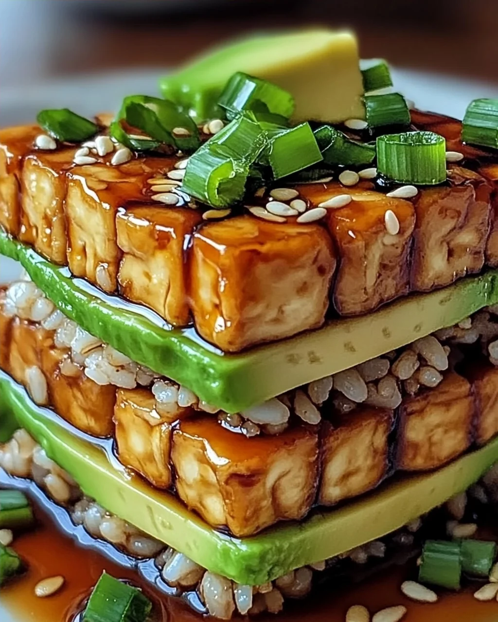 Krosse Teriyaki-Tofu- und Avocado-Reis-Stapel für Zuhause