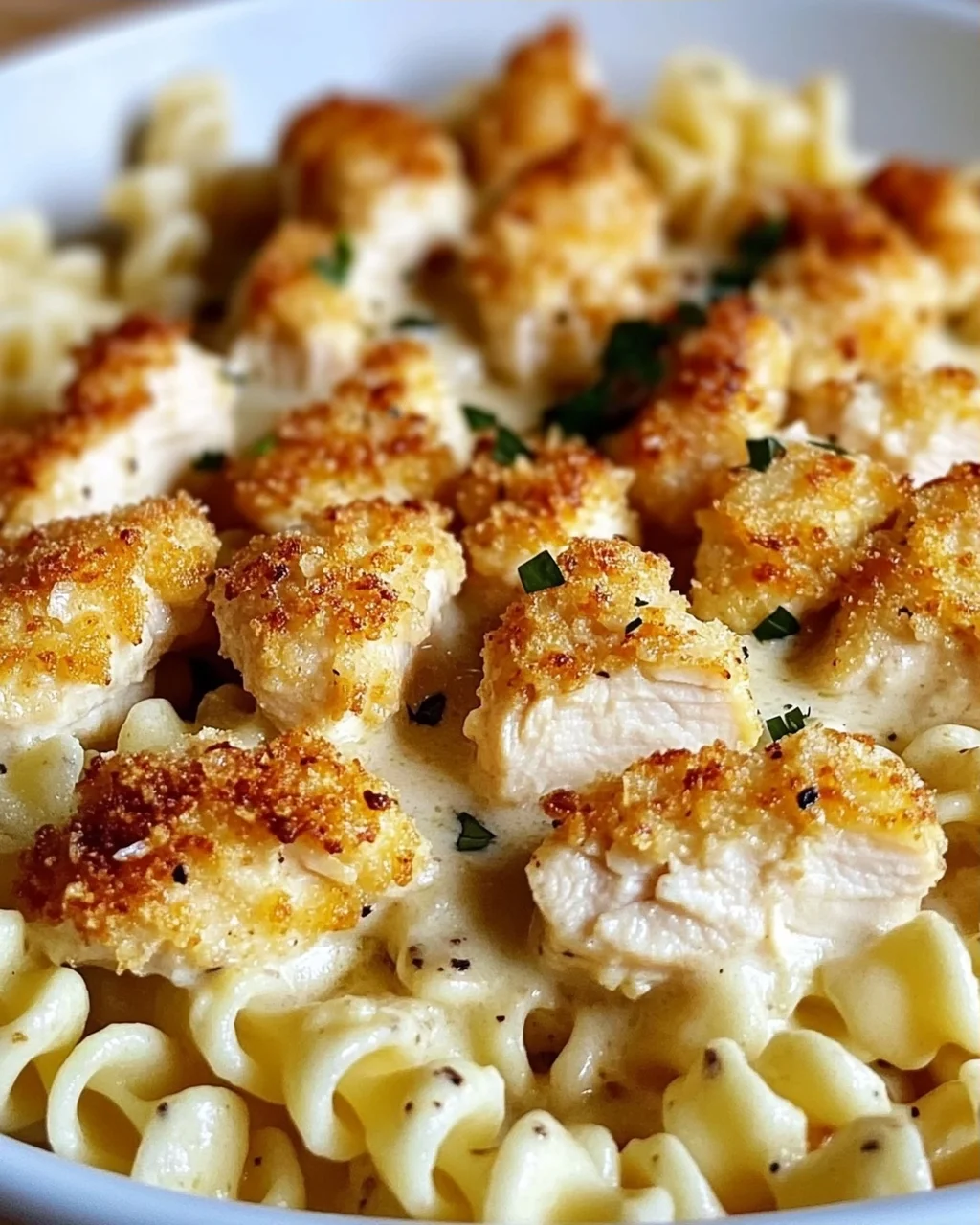 Leckere Knoblauch Parmesan Hähnchen Bites & cremige Rotini