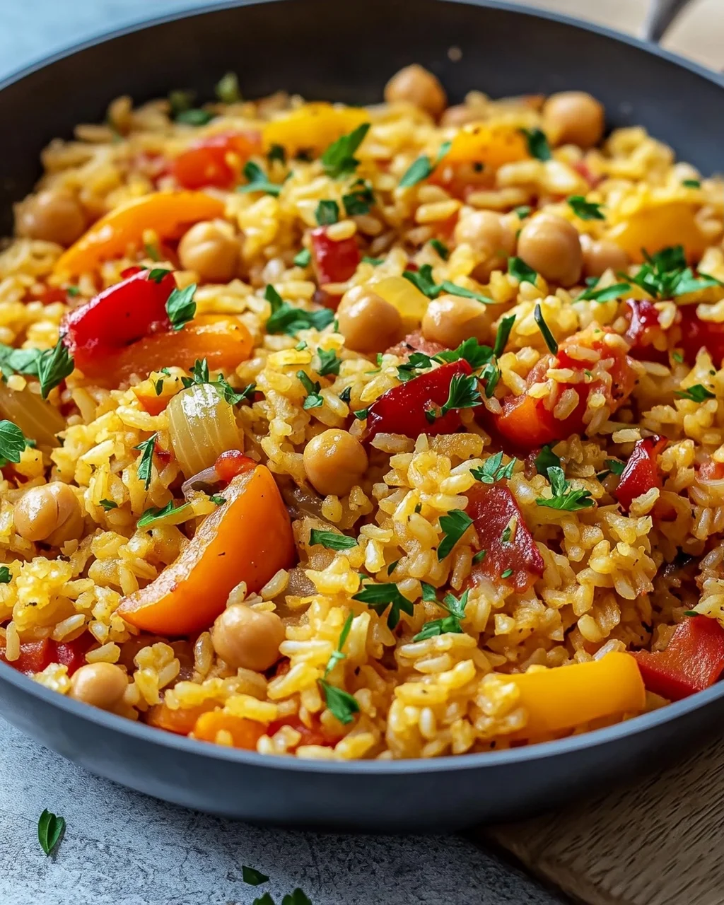 Leckere vegane Paprika Reis Pfanne mit Kichererbsen