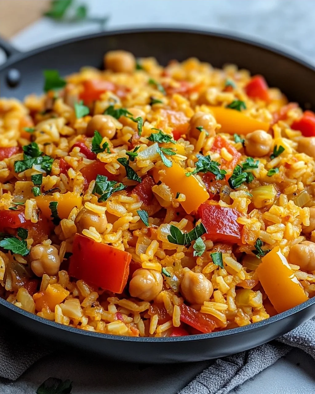Leckere vegane Paprika Reis Pfanne mit Kichererbsen