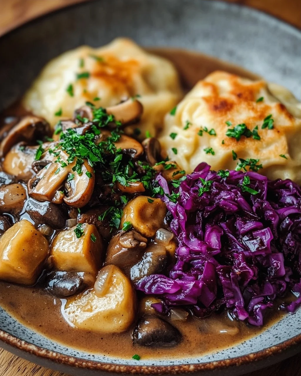 Pilz-Maronen Ragout mit Ofenknödeln und Rotkraut