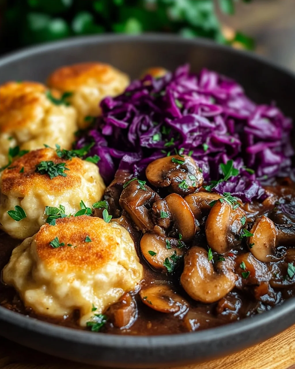 Pilz-Maronen Ragout mit Ofenknödeln und Rotkraut