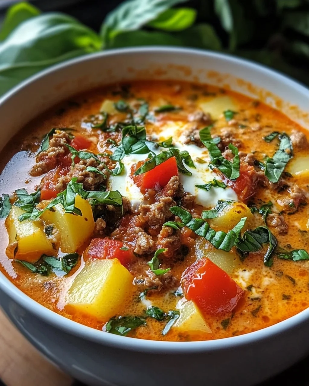 Pizzasuppe mit Hackfleisch und Kartoffeln im Slow Cooker