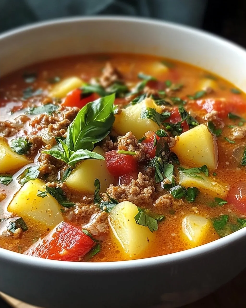 Pizzasuppe mit Hackfleisch und Kartoffeln im Slow Cooker