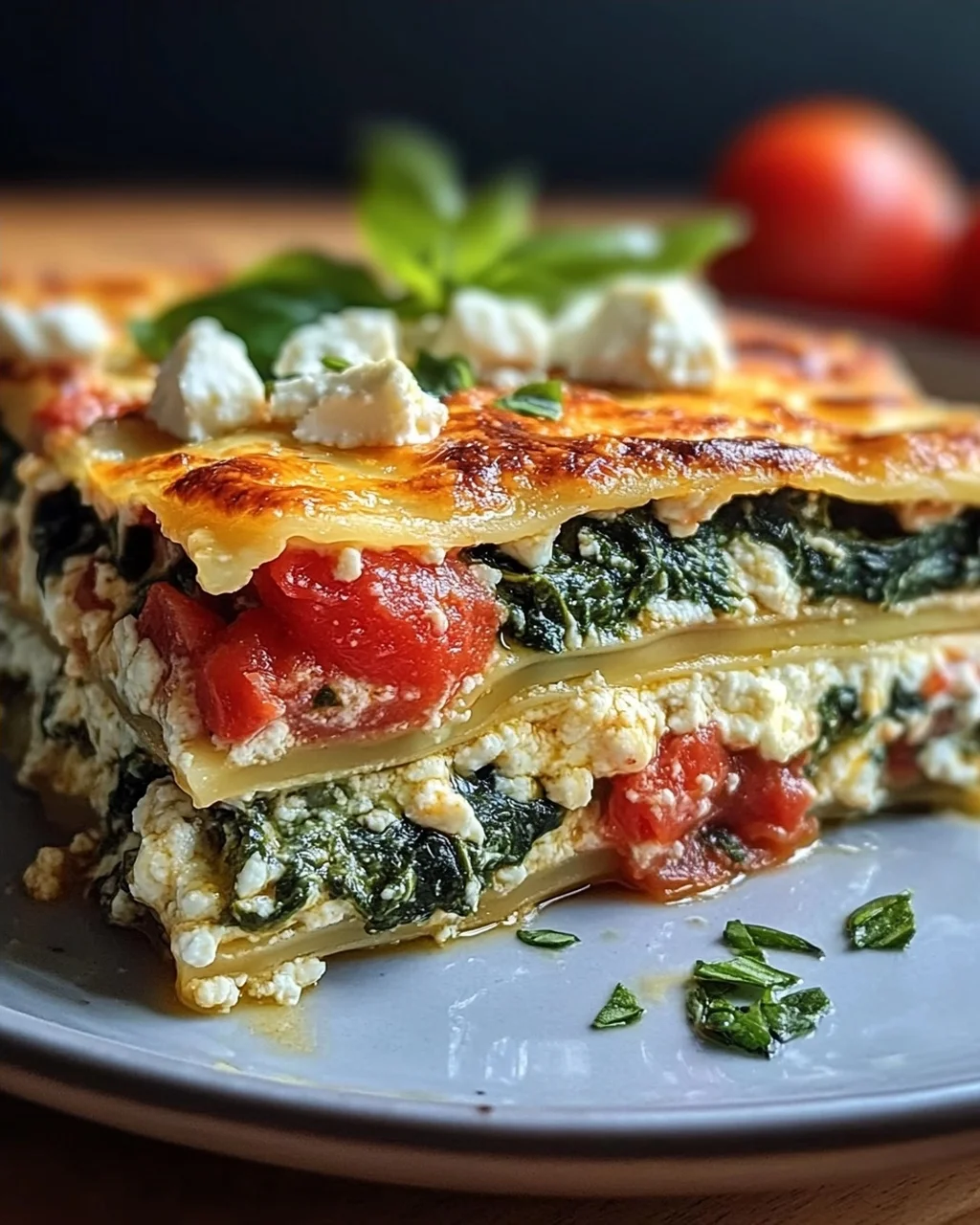 Spinatlasagne mit Feta und Tomaten
